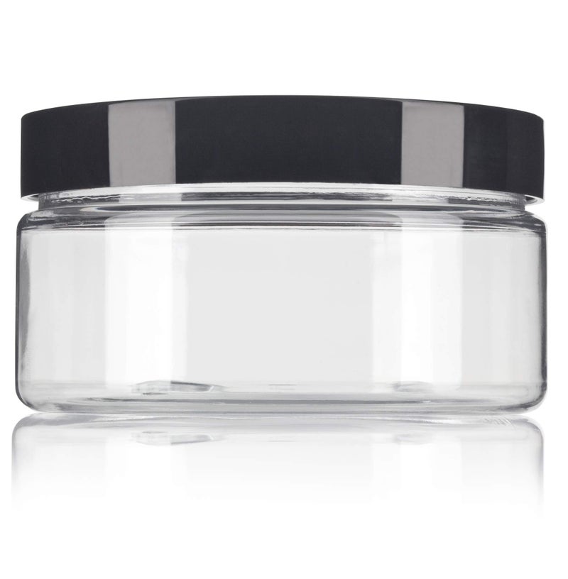 JUVITUS 8 oz Clear Plastic Low Profile Jar with Black Smooth Lids (12 Pack) - Image 3