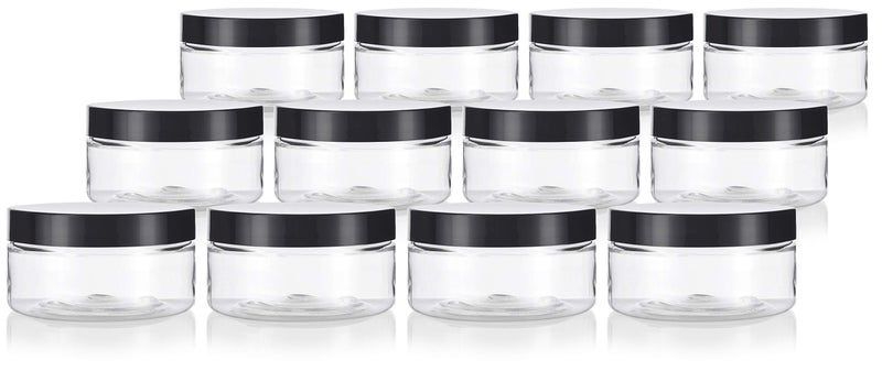 JUVITUS 8 oz Clear Plastic Low Profile Jar with Black Smooth Lids (12 Pack) - Image 1
