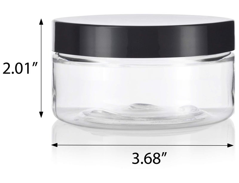 JUVITUS 8 oz Clear Plastic Low Profile Jar with Black Smooth Lids (12 Pack) - Image 2