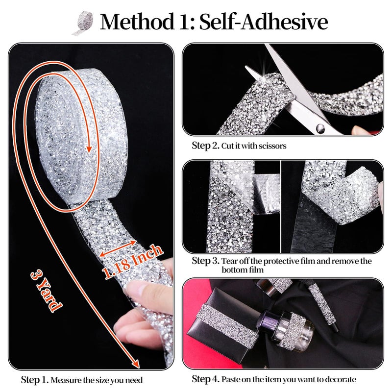 Locacrystal Bling Crystal Rhinestone Ribbon Self-Adhesive Iron on Resin Diamond Ribbon Wrap Roll DIY Bling Stickers for Wedding Clothing Cars Crafts Dress Decorationï¼ˆSilver,1.18inch x 3yardï¼‰ - Image 3
