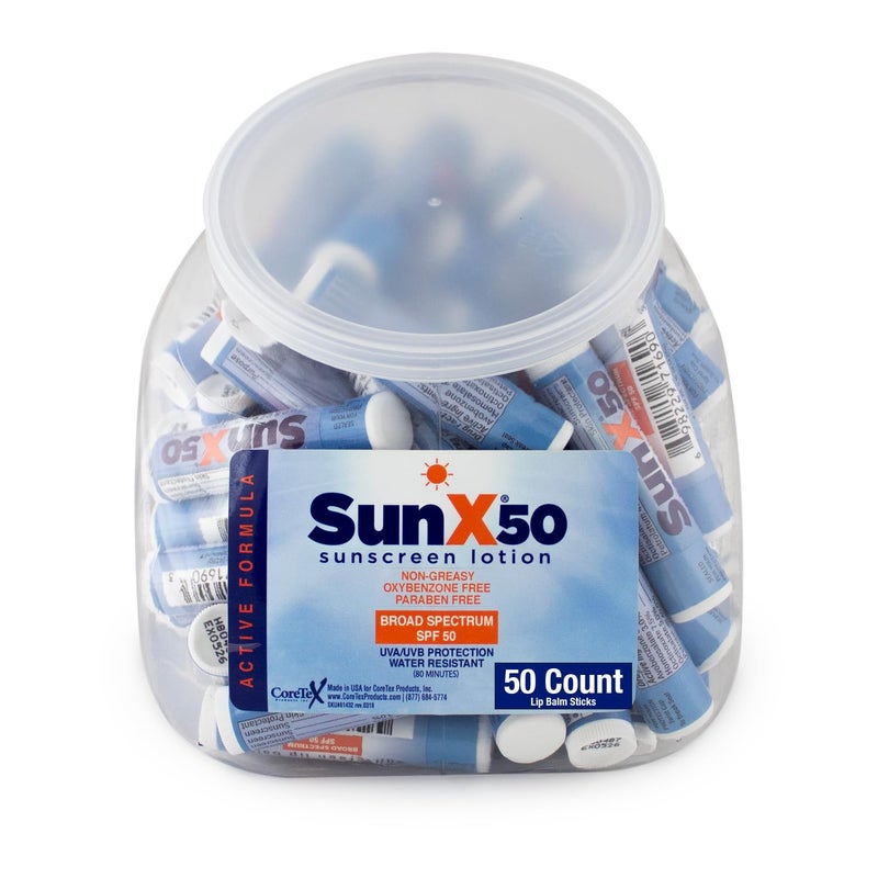 CoreTex Sun X 50 Lip Balm SPF 50  Pack of 50 Broad Spectrum Sunscreen Lip Balms Protects Against UVAUVB Rays  Water Resistant Up to 80 Minutes and Free of Parabens  Oxybenzone