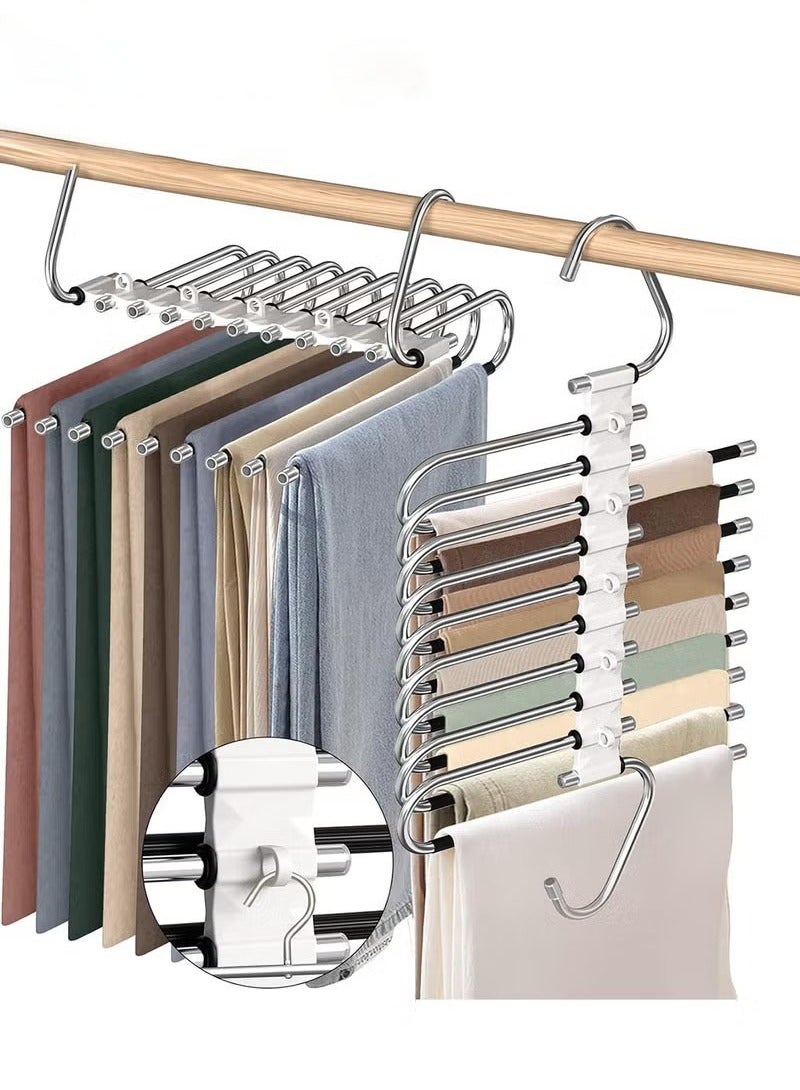 Bukela 2 Pack Pants Hangers Space Saving Collapsible Pants Hangers Multifunctional Stainless Steel Rack Hangers 9 Tier Anti-Slip Pants Hangers - Image 1