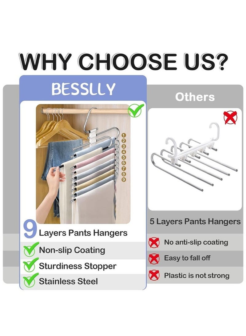 Bukela 2 Pack Pants Hangers Space Saving Collapsible Pants Hangers Multifunctional Stainless Steel Rack Hangers 9 Tier Anti-Slip Pants Hangers - Image 4