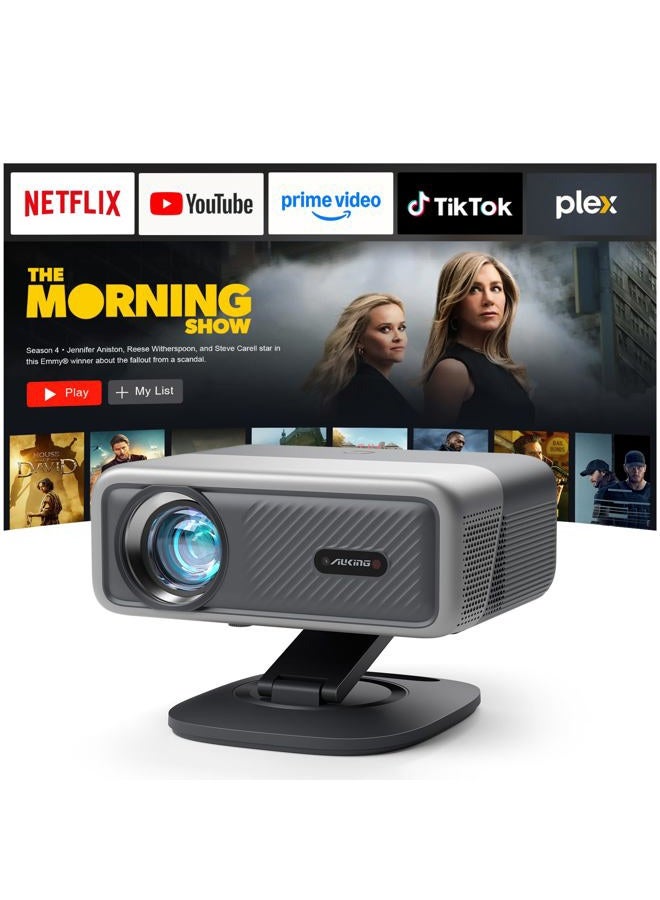AuKing [Netflix Officially&AI Auto Focus]AuKing Smart Projector with Wifi,Bluetooth,Auto Focus&Keystone Projector 4Ksupport,3DDoIby Audio, 1500ANSI Outdoor Projector with Omnidirectional Rotating Stand Grey - Image 1