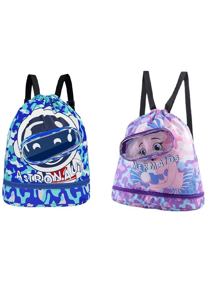 UNUNS Kids Swimming Backpack,2 Pack Portable Drawstring Swim Bags For Boy Girl,Dry And Wet Separation Waterproof Storage Bag,Fitness Sport Knapsack For Gym Sports Beach Pool Gear,Blue+Purple  - Image 1
