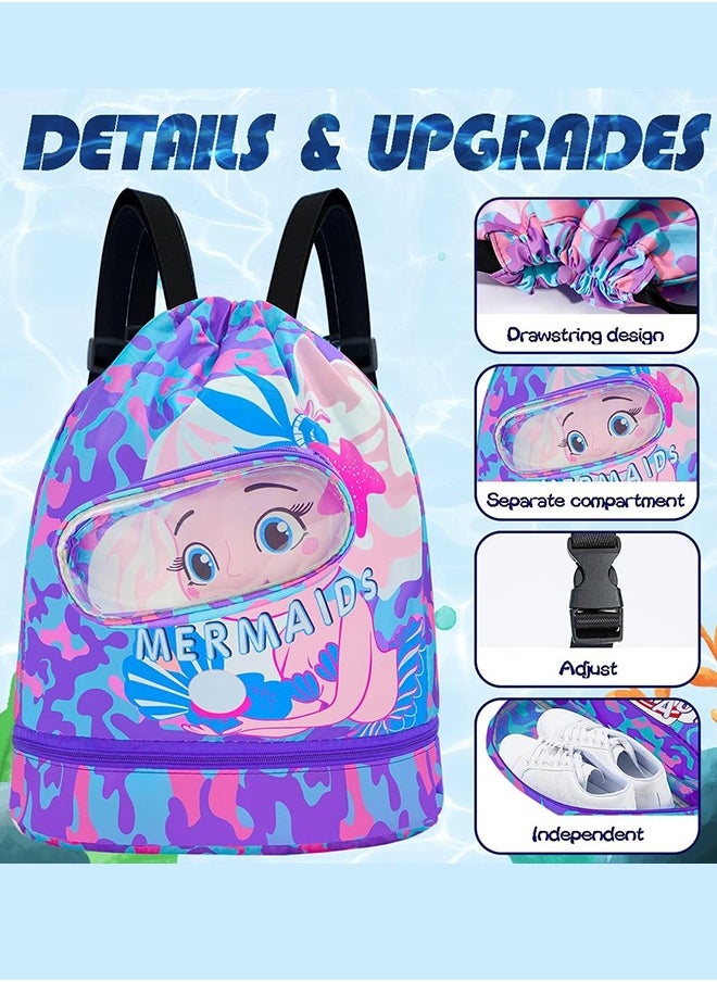 UNUNS Kids Swimming Backpack,2 Pack Portable Drawstring Swim Bags For Boy Girl,Dry And Wet Separation Waterproof Storage Bag,Fitness Sport Knapsack For Gym Sports Beach Pool Gear,Blue+Purple  - Image 3