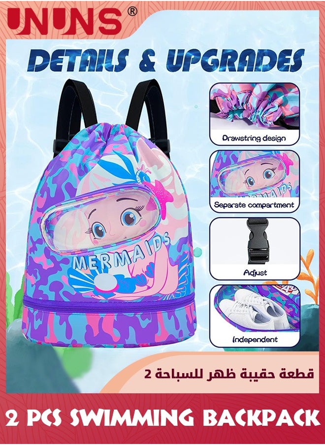 UNUNS Kids Swimming Backpack,2 Pack Portable Drawstring Swim Bags For Boy Girl,Dry And Wet Separation Waterproof Storage Bag,Fitness Sport Knapsack For Gym Sports Beach Pool Gear,Blue+Purple  - Image 2