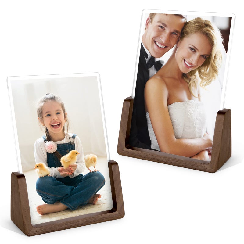 Mixoo Picture Frame 2 Pack - Rustic Wooden Photo Frames with Walnut Wood Base and High Definition Break Free Acrylic Glass Covers for Tabletop or Desktop Display (6?8 inch  Vertical + Vertical) - Image 1