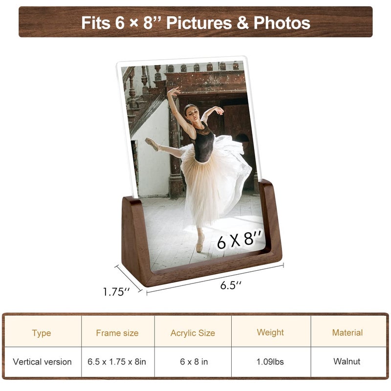 Mixoo Picture Frame 2 Pack - Rustic Wooden Photo Frames with Walnut Wood Base and High Definition Break Free Acrylic Glass Covers for Tabletop or Desktop Display (6?8 inch  Vertical + Vertical) - Image 3