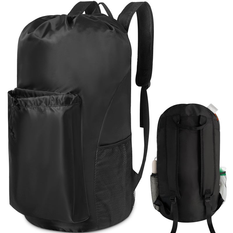 Polecasa Heavy Duty Backpack Laundry Bag, 29 X 13.5 Inches Hamper Bag With Padded Shoulder Straps,130Gsm Durable Fabric And 4 Pockets, Large Drawstring Bag For Dorm, College, Travel, Black - Image 1