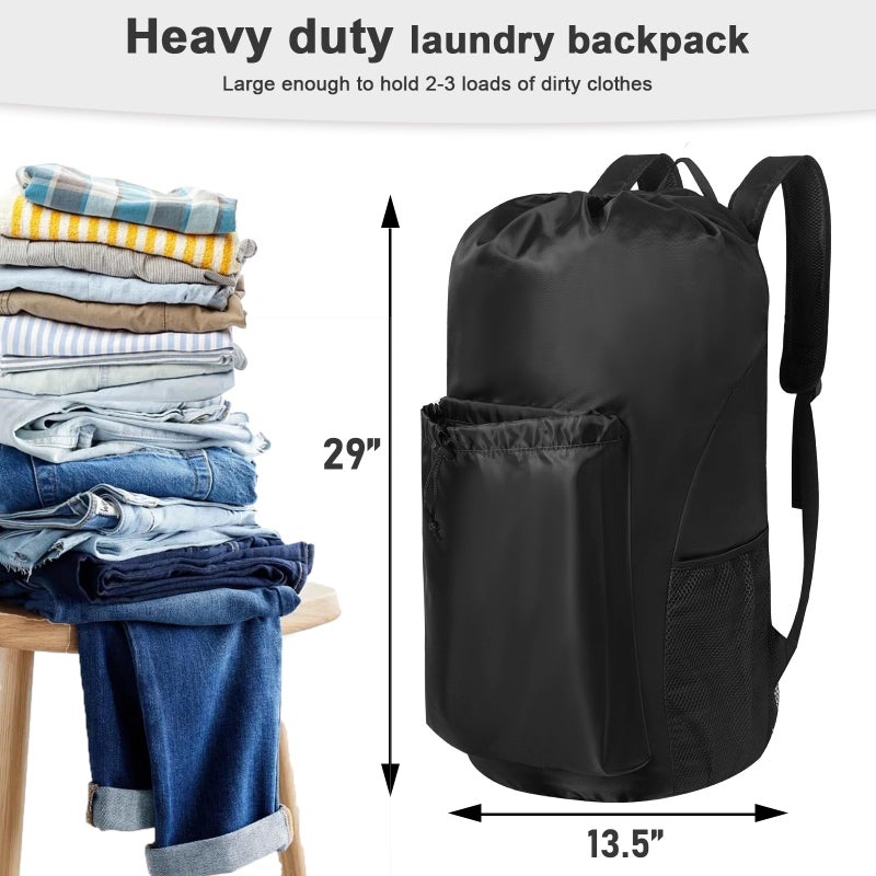 Polecasa Heavy Duty Backpack Laundry Bag, 29 X 13.5 Inches Hamper Bag With Padded Shoulder Straps,130Gsm Durable Fabric And 4 Pockets, Large Drawstring Bag For Dorm, College, Travel, Black - Image 3