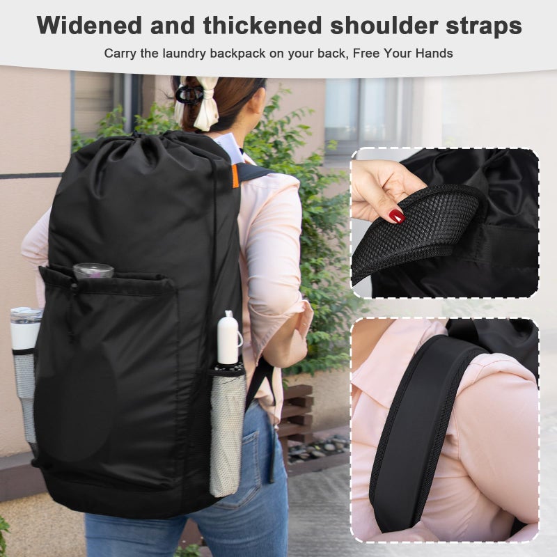 Polecasa Heavy Duty Backpack Laundry Bag, 29 X 13.5 Inches Hamper Bag With Padded Shoulder Straps,130Gsm Durable Fabric And 4 Pockets, Large Drawstring Bag For Dorm, College, Travel, Black - Image 2
