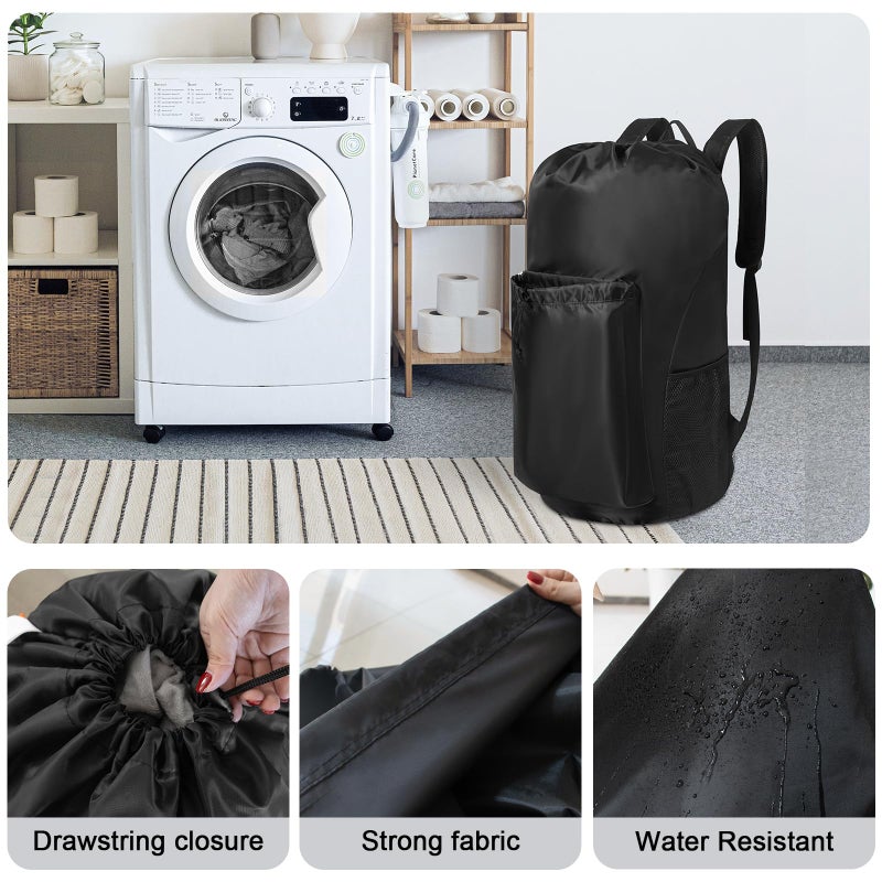 Polecasa Heavy Duty Backpack Laundry Bag, 29 X 13.5 Inches Hamper Bag With Padded Shoulder Straps,130Gsm Durable Fabric And 4 Pockets, Large Drawstring Bag For Dorm, College, Travel, Black - Image 4
