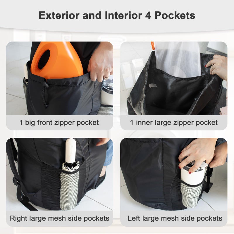 Polecasa Heavy Duty Backpack Laundry Bag, 29 X 13.5 Inches Hamper Bag With Padded Shoulder Straps,130Gsm Durable Fabric And 4 Pockets, Large Drawstring Bag For Dorm, College, Travel, Black - Image 5