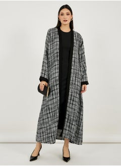 Styli Front Open Tweed Abaya with Contrast Cuff  - Image 1