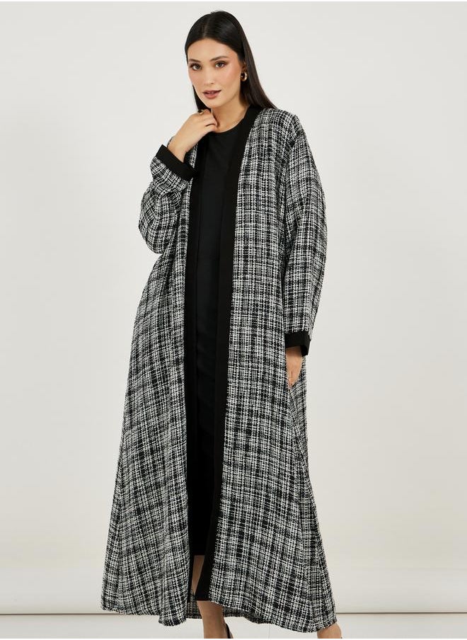 Styli - Front Open Tweed Abaya with Contrast Cuff - Image 1