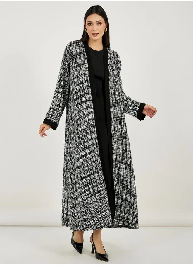 Styli Front Open Tweed Abaya with Contrast Cuff