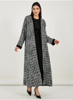 Styli Front Open Tweed Abaya with Contrast Cuff  - Image 2