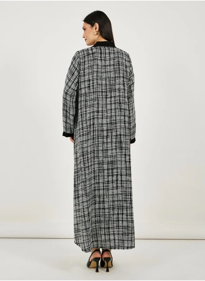 Styli Front Open Tweed Abaya with Contrast Cuff