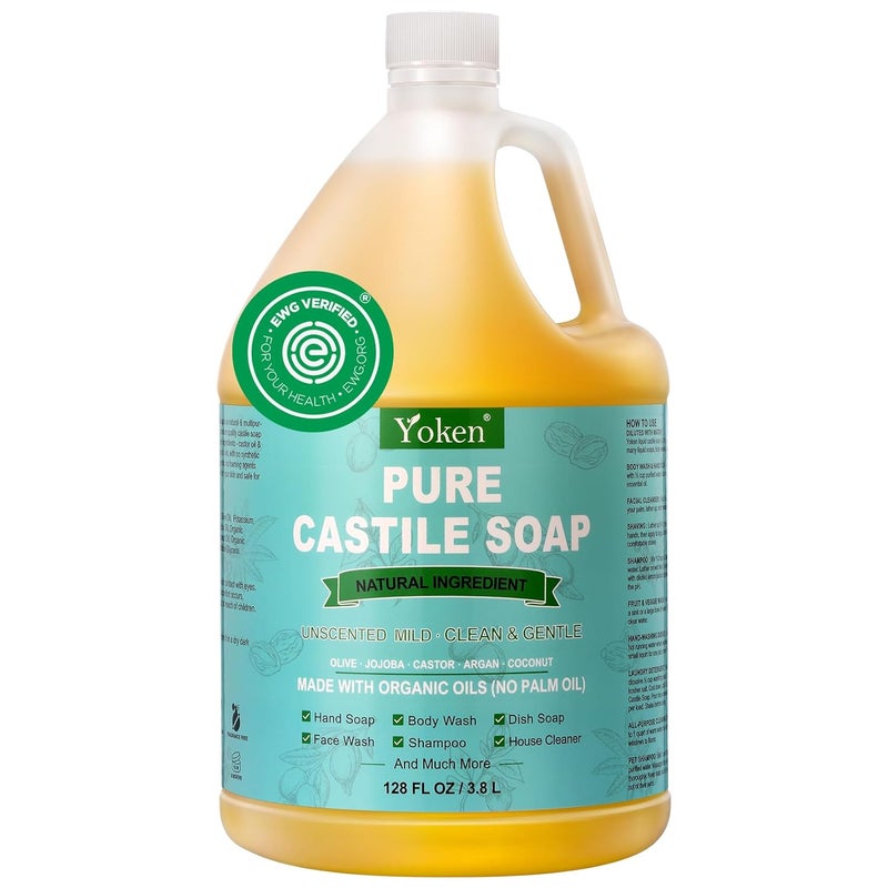 Yoken Castile Soap Liquid EWG Verified1 Gallon Unscented PureCastile Liquid Soap for Body Face Hand Pets Laundry Dish Soap and More  Made With Organic Oil Vegan Clean  Gentle Versatile