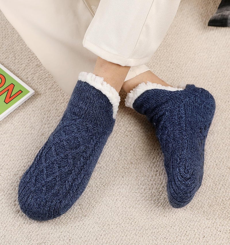 Backche Unisex Fluffy Fuzzy Warm Slipper Socks for Men Women, Thick Fleece Lined Non-Slip Socks Indoor Floor Navy Blue - Image 3