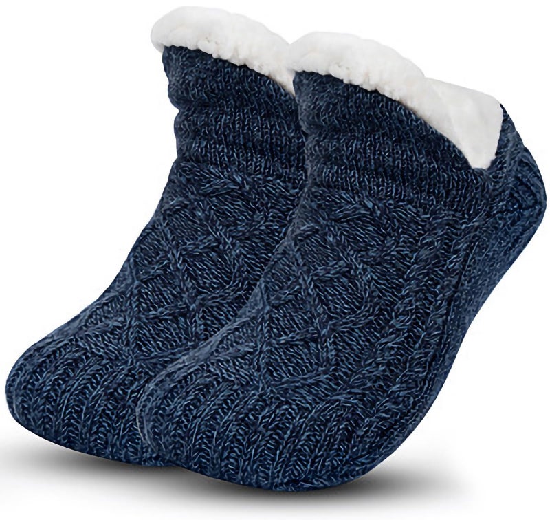 Backche Unisex Fluffy Fuzzy Warm Slipper Socks for Men Women, Thick Fleece Lined Non-Slip Socks Indoor Floor Navy Blue - Image 1