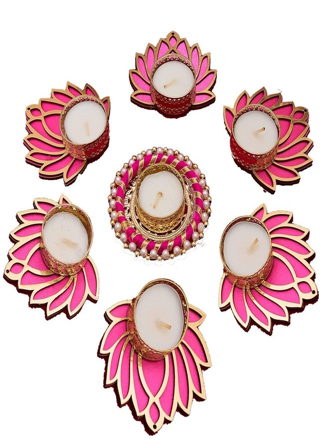 Handmade 7 Pc Pink Lotus Chudi Diya Rangoli Candles with Wax for Diwali, Ganesh Chaturthi, Laxmi Pooja, Home Temple Rangoli Diya Floor Decoration, Woody by Divy Decors