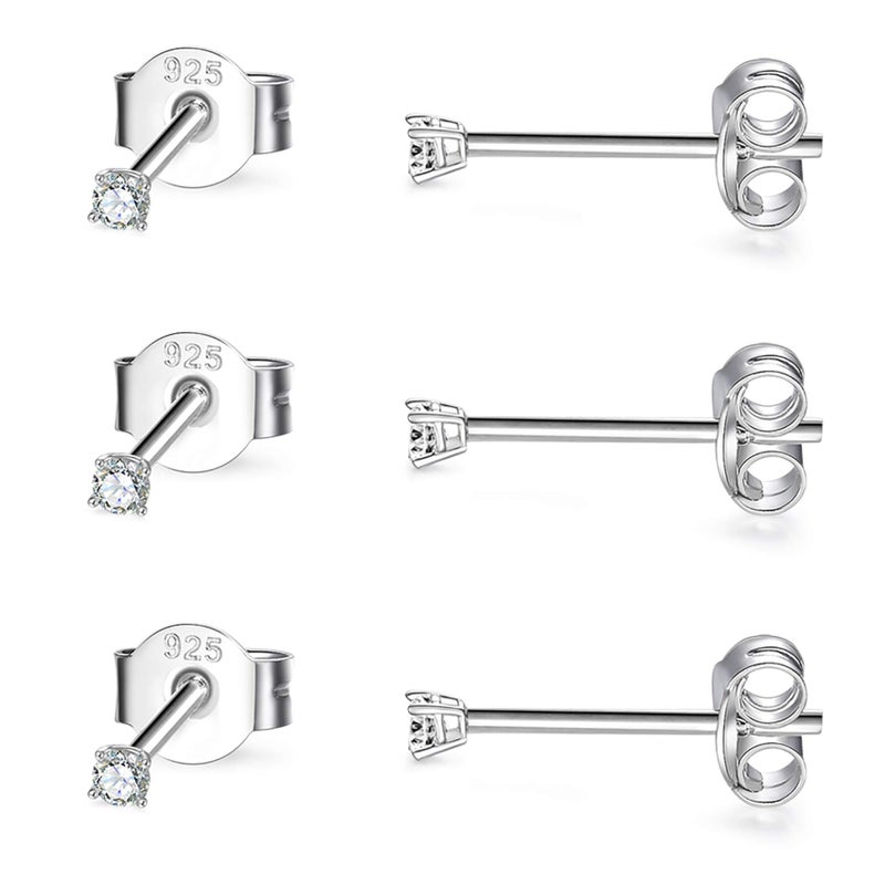 Sterling Silver Stud Earrings for Women- 3 Pairs of 2mm Round CZ Cubic Zircon Earrings Set Tiny Small Cartilage Tragus Earrings, Silver