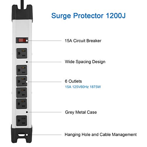 CCCEI Heavy Duty Surge Protector, 6 Outlet Industrial Power Strip with 15A, Shop Workshop Garden Metal Power Strip with 6FT Cord 1200 Joules ETL Listed. - Image 2