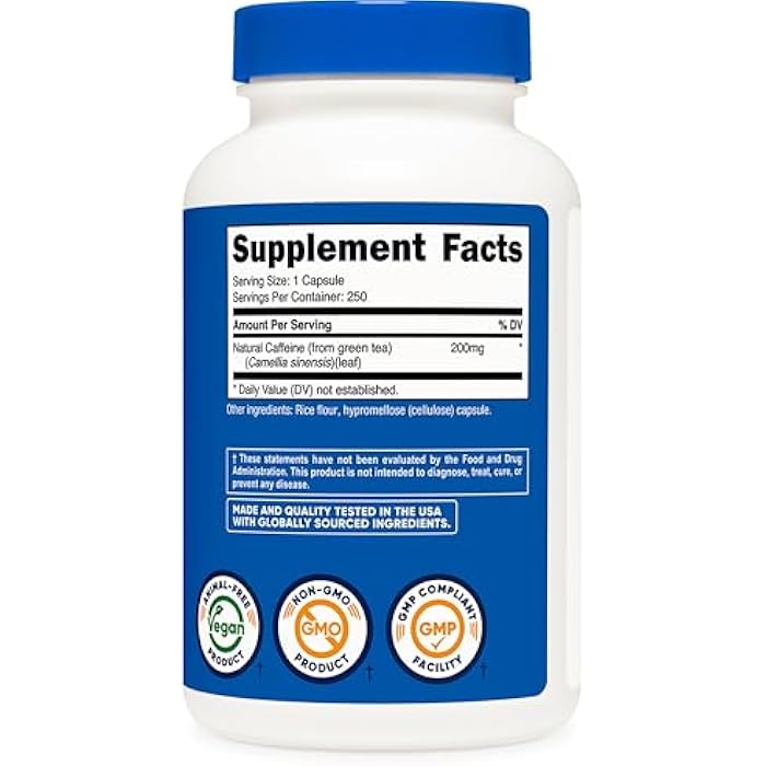 Nutricost Natural Caffeine 200mg, 250 Vegetarian Capsules - Gluten Free, Non-GMO - Image 5