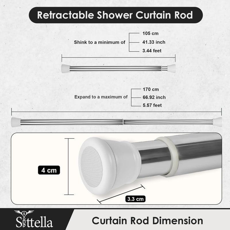 Sittella (105Cm To 170Cm) Extendable Shower Curtain Tension Rod Non-Drilling Anti-Skid Spring Pull Rod -Stainless Steel, White-Silver - Image 2