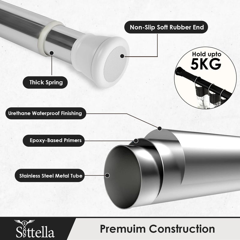 Sittella (105Cm To 170Cm) Extendable Shower Curtain Tension Rod Non-Drilling Anti-Skid Spring Pull Rod -Stainless Steel, White-Silver - Image 3
