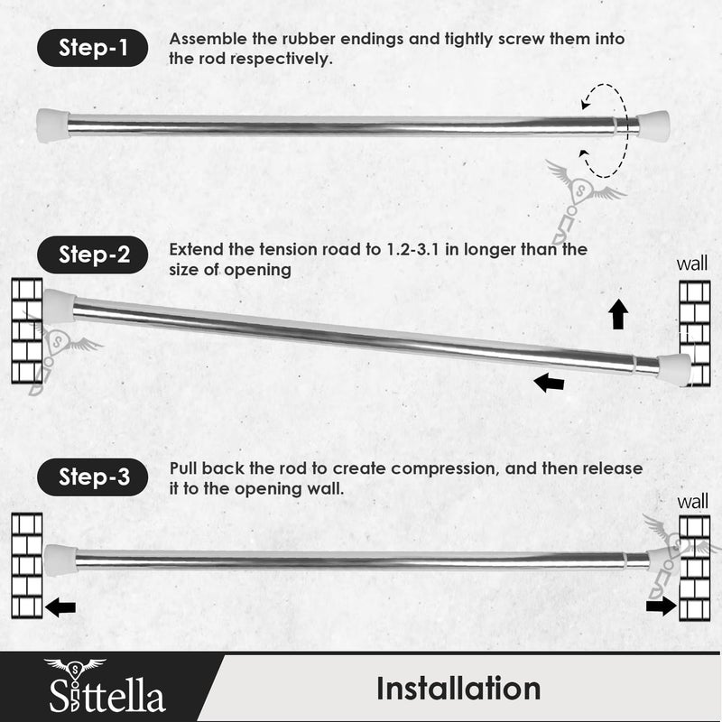 Sittella (105Cm To 170Cm) Extendable Shower Curtain Tension Rod Non-Drilling Anti-Skid Spring Pull Rod -Stainless Steel, White-Silver - Image 5