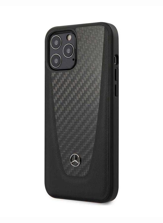 Mercedes-Benz iPhone 12 / 12 Pro Hard Case 6.1inch Genuine Leather Back Cover with Carbon Fiber and Metal Star Logo - Black  - Image 1