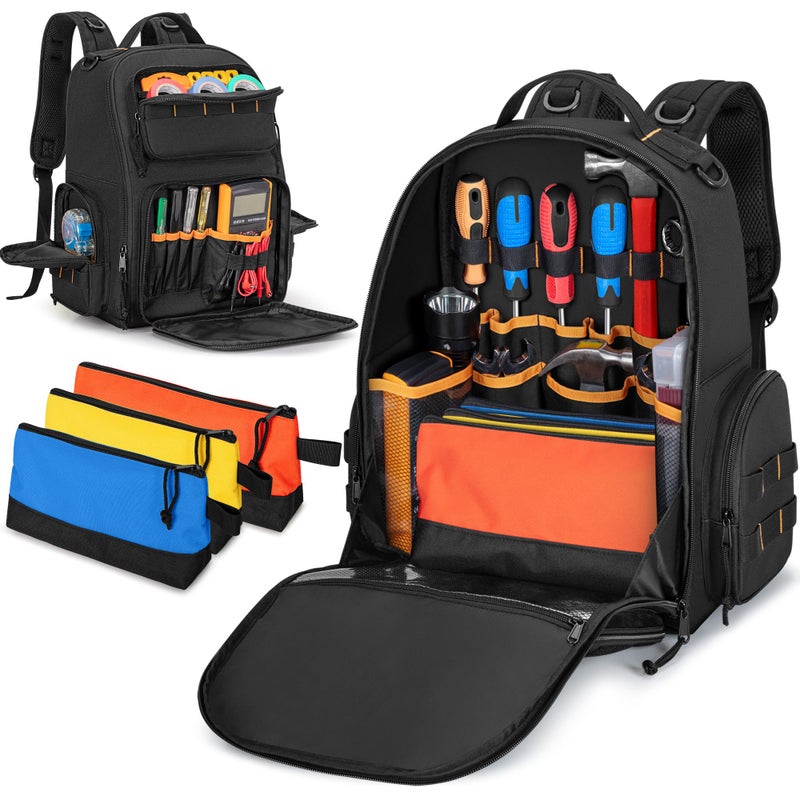 Rexmica Tool Bag Backpack with 3 Tool Zipper Pouch, Tool Organizer Bag for Men with Padded Support, Tactical Tool Storage Work Bag for Repairman, Electrician, Handyman, Black (Patented Design) - Image 1
