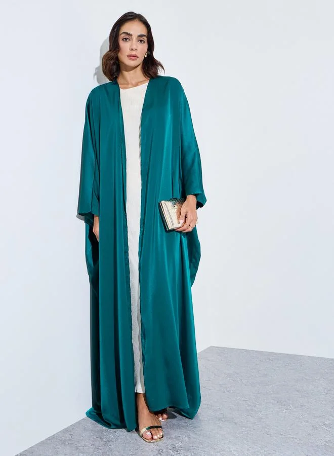 أميرة Green Solid Batwing Sleeves Open Front Abaya