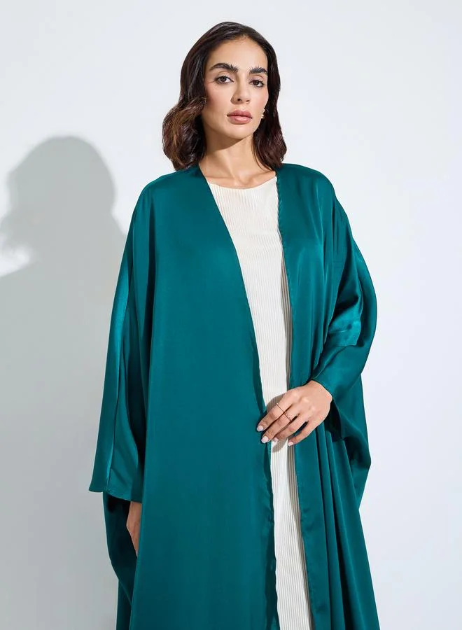 أميرة Green Solid Batwing Sleeves Open Front Abaya