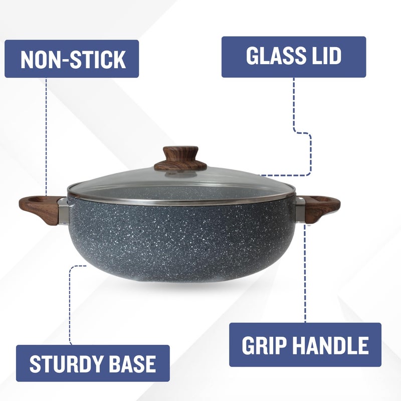 PLUMM Get Plumm Sauce Pot Cookware with Handle | Granite Stone Kadhai with Lid | Induction Base Biryani Pot Glass lid | Wooden Handle | Cooking Handi Pot (20cm,Grey) - Image 2