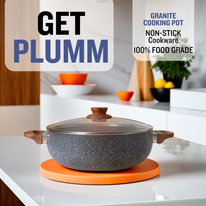 PLUMM Get Plumm Sauce Pot Cookware with Handle | Granite Stone Kadhai with Lid | Induction Base Biryani Pot Glass lid | Wooden Handle | Cooking Handi Pot (20cm,Grey) - Image 4