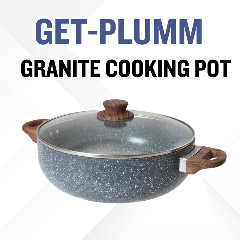 PLUMM Get Plumm Sauce Pot Cookware with Handle | Granite Stone Kadhai with Lid | Induction Base Biryani Pot Glass lid | Wooden Handle | Cooking Handi Pot (20cm,Grey) - Image 3