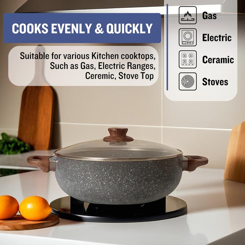 PLUMM Get Plumm Sauce Pot Cookware with Handle | Granite Stone Kadhai with Lid | Induction Base Biryani Pot Glass lid | Wooden Handle | Cooking Handi Pot (20cm,Grey) - Image 5