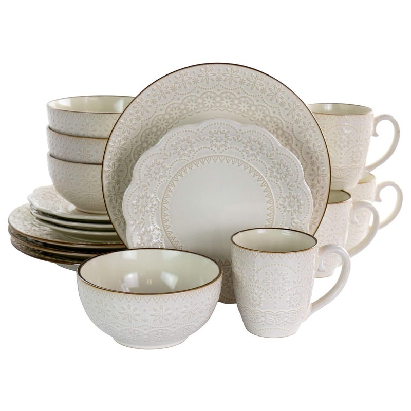 Elama Embossed Scalloped Stoneware Dinnerware Dish Set, 16 Piece, Ivory - Image 1