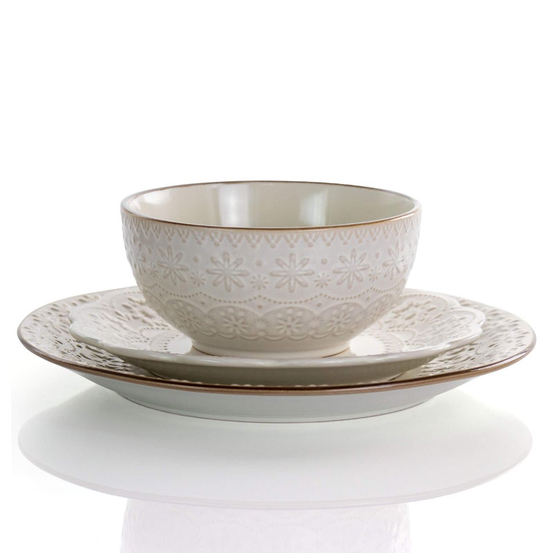 Elama Embossed Scalloped Stoneware Dinnerware Dish Set, 16 Piece, Ivory - Image 2
