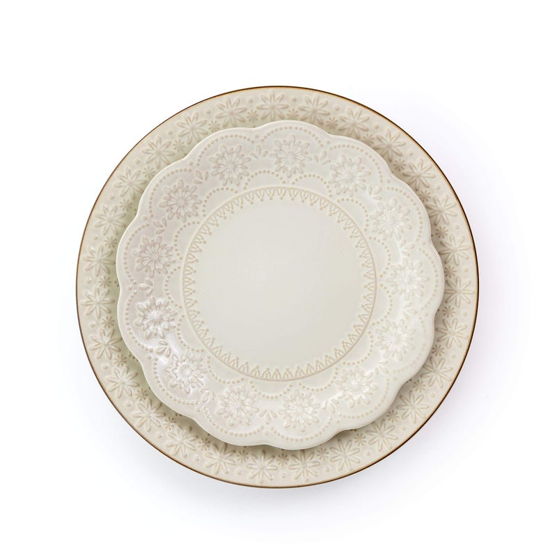 Elama Embossed Scalloped Stoneware Dinnerware Dish Set, 16 Piece, Ivory - Image 5