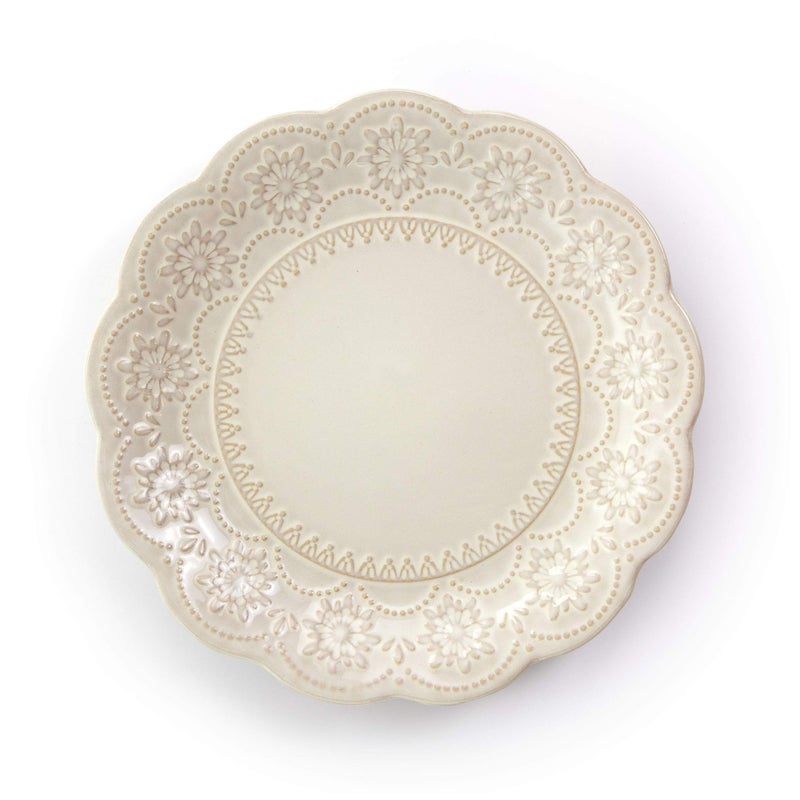 Elama Embossed Scalloped Stoneware Dinnerware Dish Set, 16 Piece, Ivory - Image 4