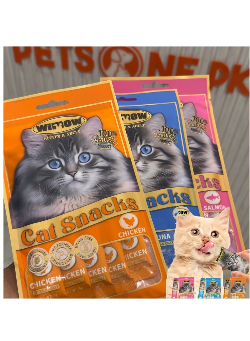 wimow (15 Pieces) Cat Treats, Tuna Salmon,Chicken, Adult Cat, 5 Pack, 0.5 oz Each, High Protein Cat Food, Stripe Shape, Wet Food Cat Treats, Hairball Control, Pet Supplies -3 Pack, Mixed Flavors - Image 1