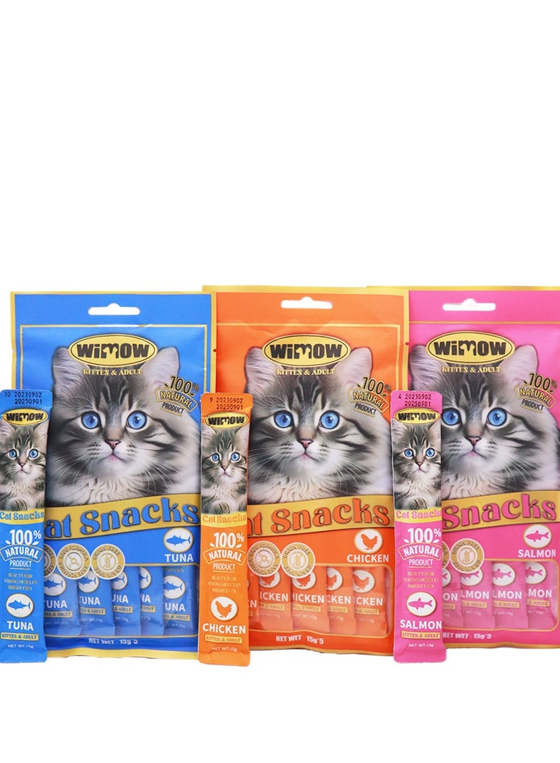 wimow (15 Pieces) Cat Treats, Tuna Salmon,Chicken, Adult Cat, 5 Pack, 0.5 oz Each, High Protein Cat Food, Stripe Shape, Wet Food Cat Treats, Hairball Control, Pet Supplies -3 Pack, Mixed Flavors - Image 2