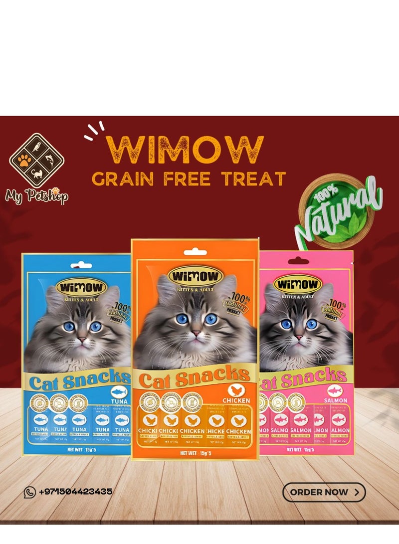 wimow (15 Pieces) Cat Treats, Tuna Salmon,Chicken, Adult Cat, 5 Pack, 0.5 oz Each, High Protein Cat Food, Stripe Shape, Wet Food Cat Treats, Hairball Control, Pet Supplies -3 Pack, Mixed Flavors - Image 3