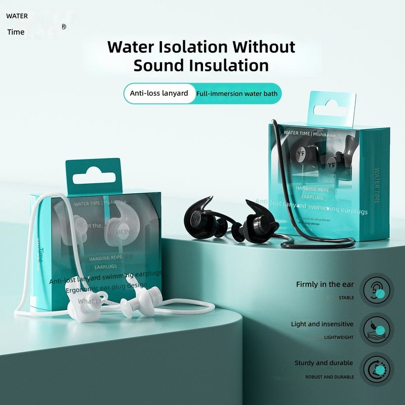WATERTIME سدادات أذن للسباحة من واترتايم – مقاومة للماء من السيليكون للبالغين، غير عازلة للصوت، مانعة للفقدان مع حبل - Image 2