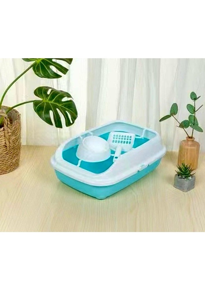 HAPPY PUSS - Cat litter box 3 in 1: sand box, feeder bowl and cat litter scoop, plastic small cat litter box With High Sides, detachable, open litter tray with pet accessories: shovel and food bowl. Blue color - Image 1